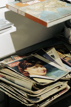 A nostalgic stack of vintage magazines featuring classic covers and a world atlas.